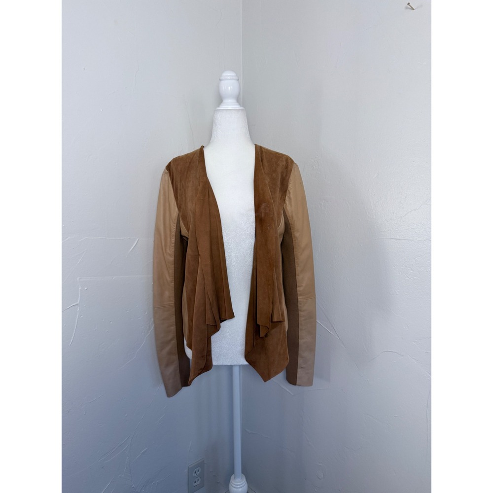 Hinge Tan Brown Leather Suede Draped Open Front Jacket Medium Mixed Media
